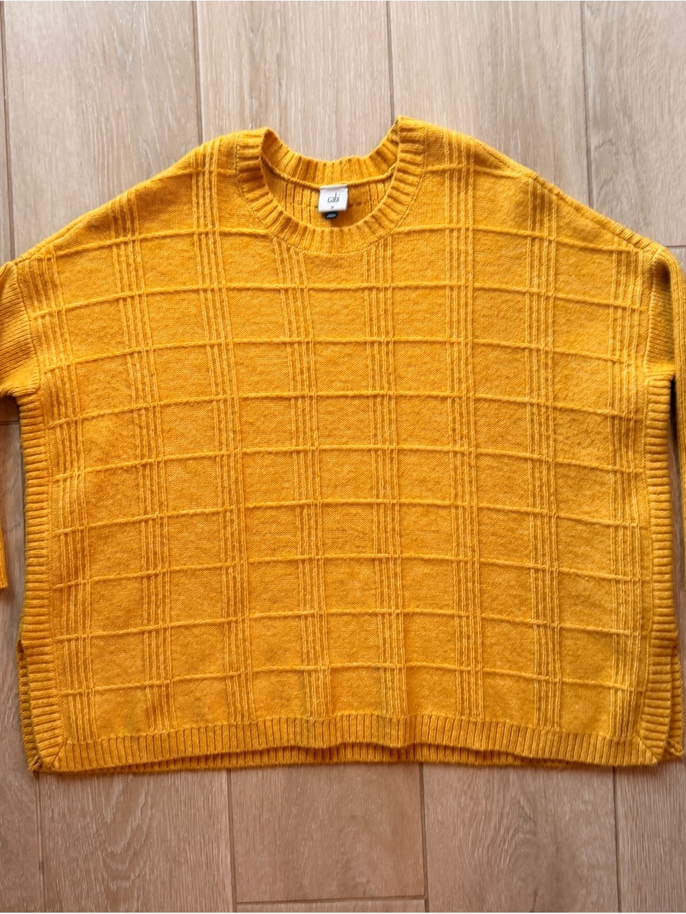 CAbi Golden Yellow Grid Knit Oversized Crewneck Sweater